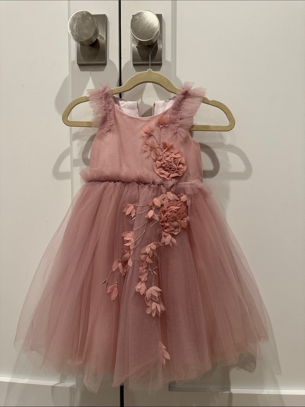 Dusty Rose Tulle Flower-Trim Girls Formal Dress